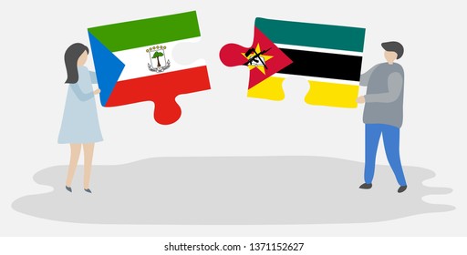 Couple holding two puzzles pieces with Equatorial Guinean and Mozambican flags. Equatorial Guinea and Mozambique national symbols together.