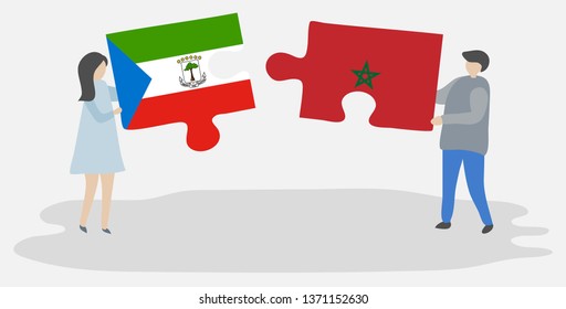 Couple holding two puzzles pieces with Equatorial Guinean and Moroccan flags. Equatorial Guinea and Morocco national symbols together.