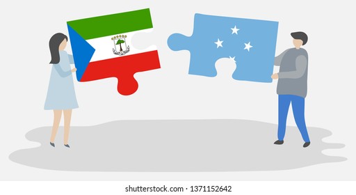 Couple holding two puzzles pieces with Equatorial Guinean and Micronesian flags. Equatorial Guinea and Micronesia national symbols together.