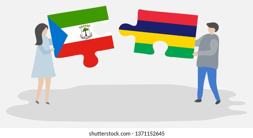 Couple holding two puzzles pieces with Equatorial Guinean and Mauritian flags. Equatorial Guinea and Mauritius national symbols together.