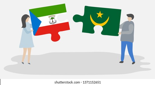 Couple holding two puzzles pieces with Equatorial Guinean and Mauritanian flags. Equatorial Guinea and Mauritania national symbols together.