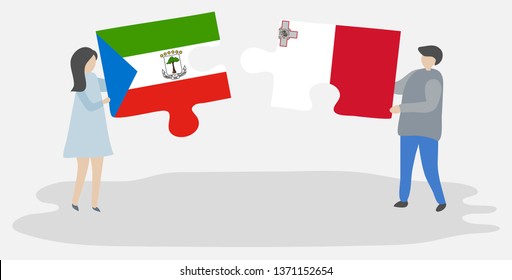 Couple holding two puzzles pieces with Equatorial Guinean and Maltese flags. Equatorial Guinea and Malta national symbols together.