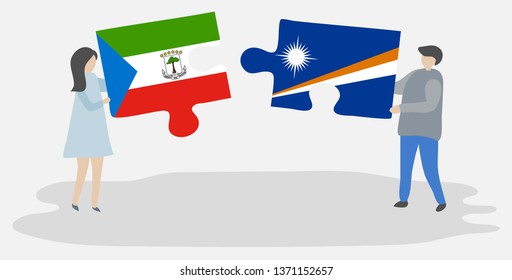 Couple holding two puzzles pieces with Equatorial Guinean and Marshallese flags. Equatorial Guinea and Marshall Islands national symbols together.