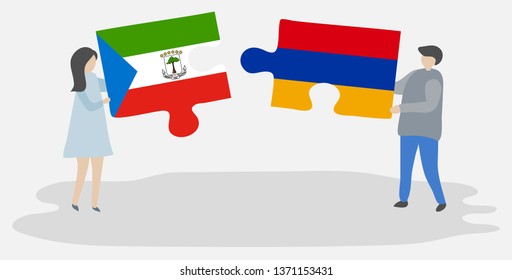 Couple holding two puzzles pieces with Equatorial Guinean and Armenian flags. Equatorial Guinea and Armenia national symbols together.