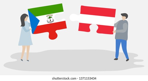 Couple holding two puzzles pieces with Equatorial Guinean and Austrian flags. Equatorial Guinea and Austria national symbols together.