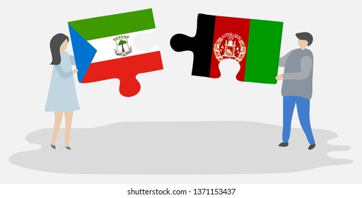 Couple holding two puzzles pieces with Equatorial Guinean and Afghan flags. Equatorial Guinea and Afghanistan national symbols together.