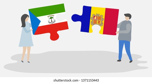 Couple holding two puzzles pieces with Equatorial Guinean and Andorran flags. Equatorial Guinea and Andorra national symbols together.