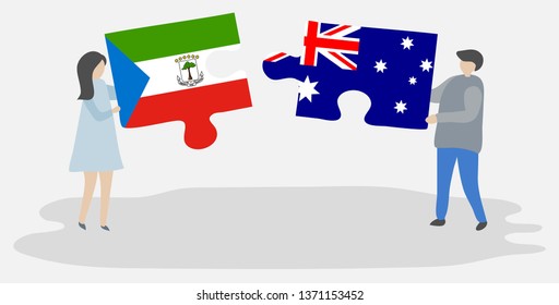 Couple holding two puzzles pieces with Equatorial Guinean and Australian flags. Equatorial Guinea and Australia national symbols together.
