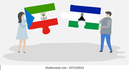 Couple holding two puzzles pieces with Equatorial Guinean and Basotho flags. Equatorial Guinea and Lesotho national symbols together.