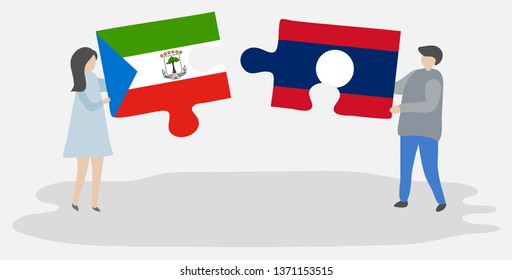 Couple holding two puzzles pieces with Equatorial Guinean and Lao flags. Equatorial Guinea and Laos national symbols together.