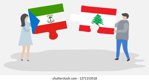 Couple holding two puzzles pieces with Equatorial Guinean and Lebanese flags. Equatorial Guinea and Lebanon national symbols together.