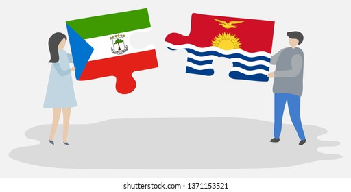 Couple holding two puzzles pieces with Equatorial Guinean and I-Kiribati flags. Equatorial Guinea and Kiribati national symbols together.