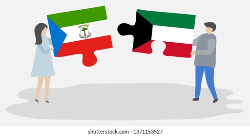 Couple holding two puzzles pieces with Equatorial Guinean and Kuwaiti flags. Equatorial Guinea and Kuwait national symbols together.