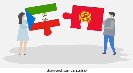 Couple holding two puzzles pieces with Equatorial Guinean and Kirgiz flags. Equatorial Guinea and Kyrgyzstan national symbols together.
