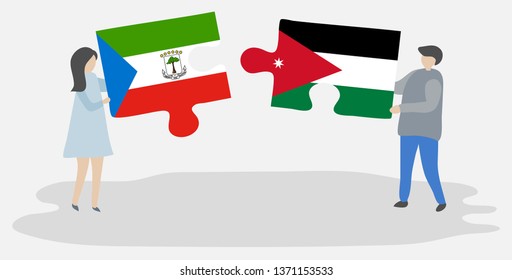 Couple holding two puzzles pieces with Equatorial Guinean and Jordanian flags. Equatorial Guinea and Jordan national symbols together.