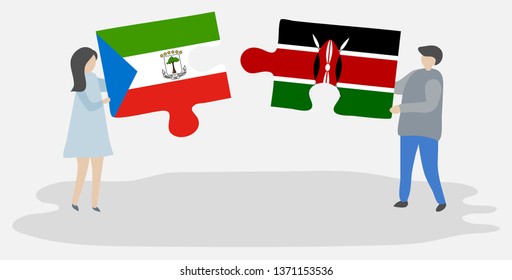 Couple holding two puzzles pieces with Equatorial Guinean and Kenyan flags. Equatorial Guinea and Kenya national symbols together.