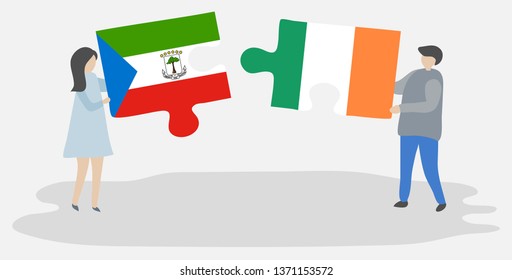 Couple holding two puzzles pieces with Equatorial Guinean and Irish flags. Equatorial Guinea and Ireland national symbols together.