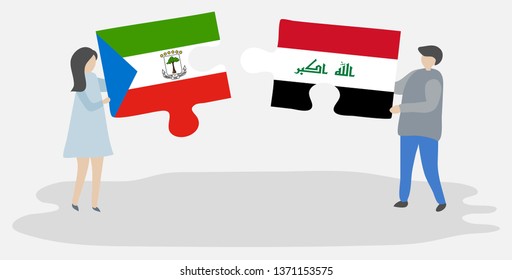 Couple holding two puzzles pieces with Equatorial Guinean and Iraqi flags. Equatorial Guinea and Iraq national symbols together.