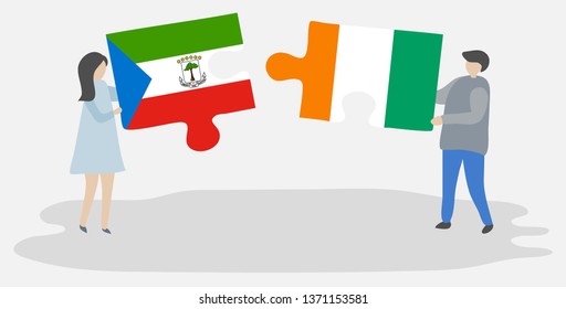 Couple holding two puzzles pieces with Equatorial Guinean and Ivorian flags. Equatorial Guinea and Ivory Coast national symbols together.