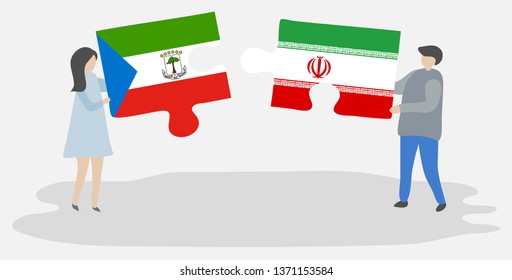 Couple holding two puzzles pieces with Equatorial Guinean and Iranian flags. Equatorial Guinea and Iran national symbols together.
