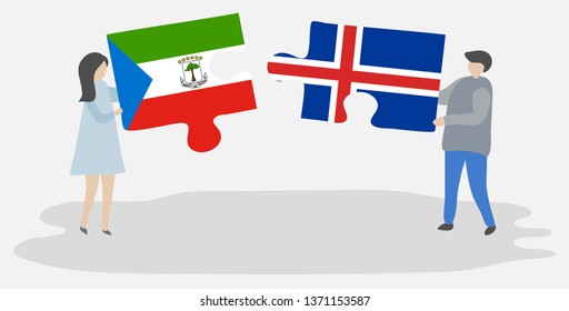 Couple holding two puzzles pieces with Equatorial Guinean and Icelandic flags. Equatorial Guinea and Iceland national symbols together.