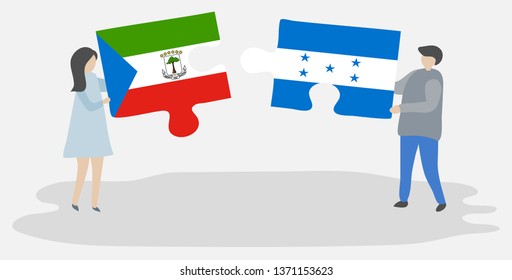 Couple holding two puzzles pieces with Equatorial Guinean and Honduran flags. Equatorial Guinea and Honduras national symbols together.