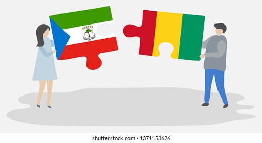 Couple holding two puzzles pieces with Equatorial Guinean and Guinean flags. Equatorial Guinea and Guinea national symbols together.