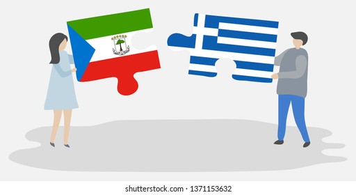 Couple holding two puzzles pieces with Equatorial Guinean and Greek flags. Equatorial Guinea and Greece national symbols together.