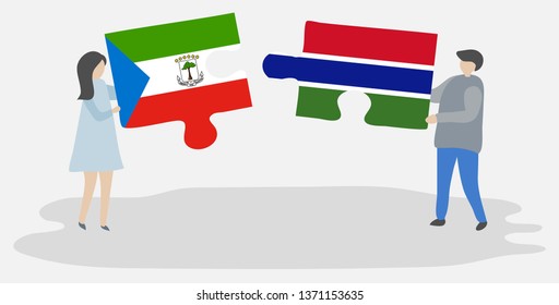 Couple holding two puzzles pieces with Equatorial Guinean and Gambian flags. Equatorial Guinea and Gambia national symbols together.
