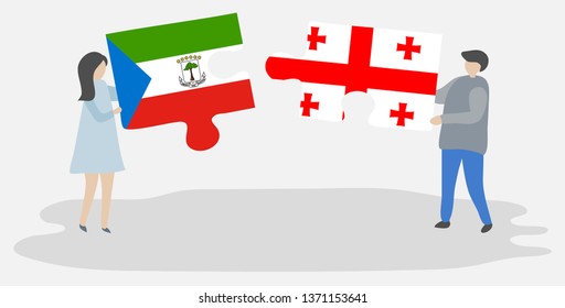 Couple holding two puzzles pieces with Equatorial Guinean and Georgian flags. Equatorial Guinea and Georgia national symbols together.