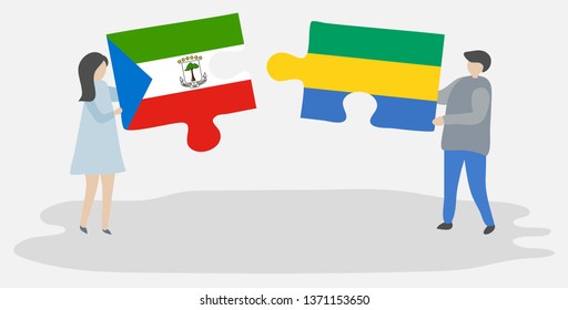 Couple holding two puzzles pieces with Equatorial Guinean and Gabonese flags. Equatorial Guinea and Gabon national symbols together.