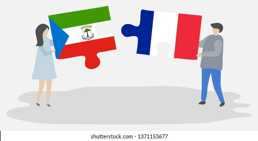 Couple holding two puzzles pieces with Equatorial Guinean and French flags. Equatorial Guinea and France national symbols together.
