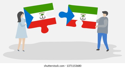 Couple holding two puzzles pieces with Equatorial Guinean and Equatorial Guinean flags. Equatorial Guinea and Equatorial Guinea national symbols together.