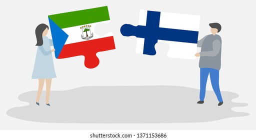 Couple holding two puzzles pieces with Equatorial Guinean and Finnish flags. Equatorial Guinea and Finland national symbols together.