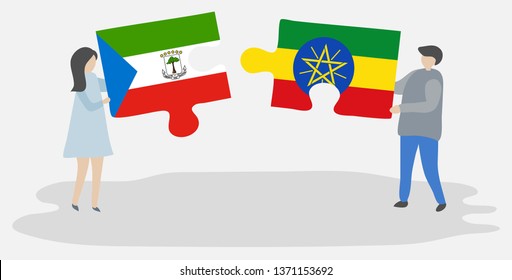 Couple holding two puzzles pieces with Equatorial Guinean and Ethiopian flags. Equatorial Guinea and Ethiopia national symbols together.