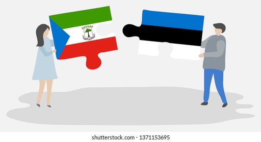 Couple holding two puzzles pieces with Equatorial Guinean and Estonian flags. Equatorial Guinea and Estonia national symbols together.
