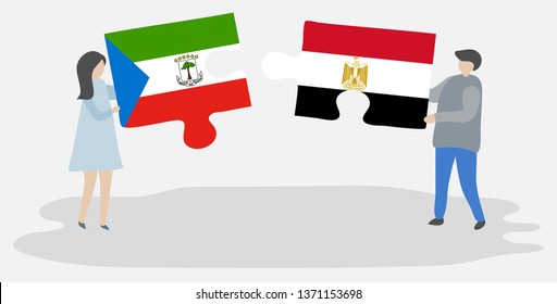 Couple holding two puzzles pieces with Equatorial Guinean and Egyptian flags. Equatorial Guinea and Egypt national symbols together.
