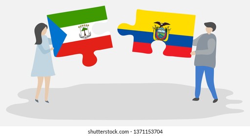 Couple holding two puzzles pieces with Equatorial Guinean and Ecuadorian flags. Equatorial Guinea and Ecuador national symbols together.