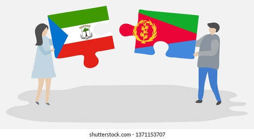 Couple holding two puzzles pieces with Equatorial Guinean and Eritrean flags. Equatorial Guinea and Eritrea national symbols together.