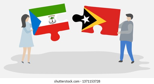 Couple holding two puzzles pieces with Equatorial Guinean and Timorese flags. Equatorial Guinea and East Timor national symbols together.