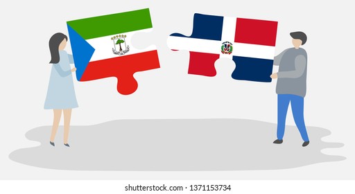 Couple holding two puzzles pieces with Equatorial Guinean and Dominican flags. Equatorial Guinea and Dominican Republic national symbols together.