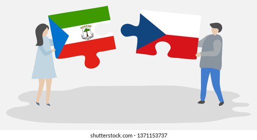Couple holding two puzzles pieces with Equatorial Guinean and Czech flags. Equatorial Guinea and Czech Republic national symbols together.
