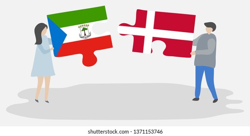 Couple holding two puzzles pieces with Equatorial Guinean and Danish flags. Equatorial Guinea and Denmark national symbols together.