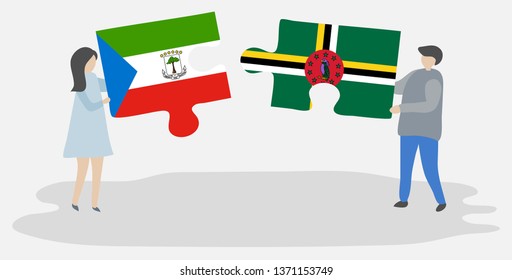 Couple holding two puzzles pieces with Equatorial Guinean and Dominican flags. Equatorial Guinea and Dominica national symbols together.