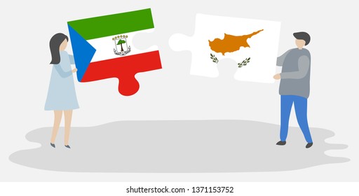 Couple holding two puzzles pieces with Equatorial Guinean and Cypriot flags. Equatorial Guinea and Cyprus national symbols together.