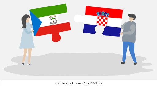Couple holding two puzzles pieces with Equatorial Guinean and Croatian flags. Equatorial Guinea and Croatia national symbols together.