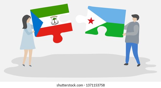 Couple holding two puzzles pieces with Equatorial Guinean and Djiboutian flags. Equatorial Guinea and Djibouti national symbols together.