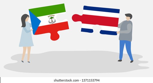 Couple holding two puzzles pieces with Equatorial Guinean and Costa Rican flags. Equatorial Guinea and Costa Rica national symbols together.