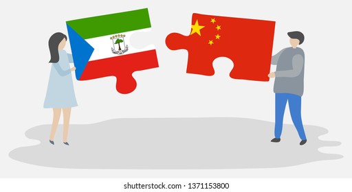 Couple holding two puzzles pieces with Equatorial Guinean and Chinese flags. Equatorial Guinea and China national symbols together.