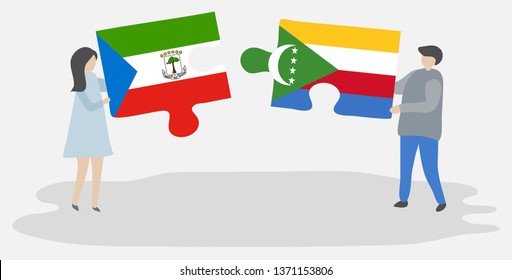 Couple holding two puzzles pieces with Equatorial Guinean and Comoran flags. Equatorial Guinea and Comoros national symbols together.